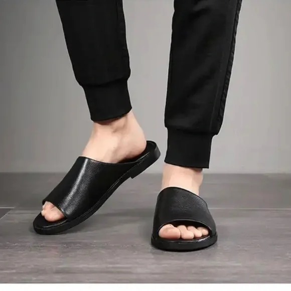 2022 New Men Are Slippers Leather Home Indoor Flat Shoes Outdoor Open Toe. Amazon.com | Leather Slippers For Men Indoor Outdoor  main image 2